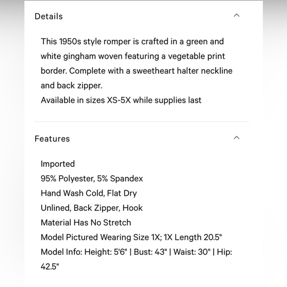 Unique Vintage Green & White Vegetable Gingham Romper, 1x, NWT! - Picture 11 of 15